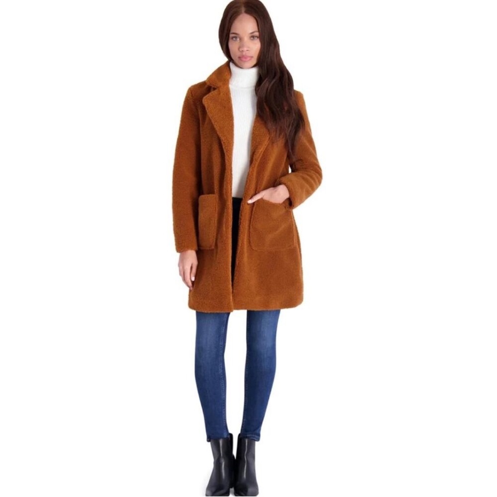 French Connection Faux Fur Walker Teddy Coat in Cognac